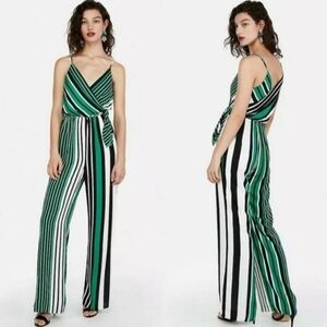 Express Sleeveless V Neck Multi Color Vertical Stripe Bow Tie Boho Jumpsuit